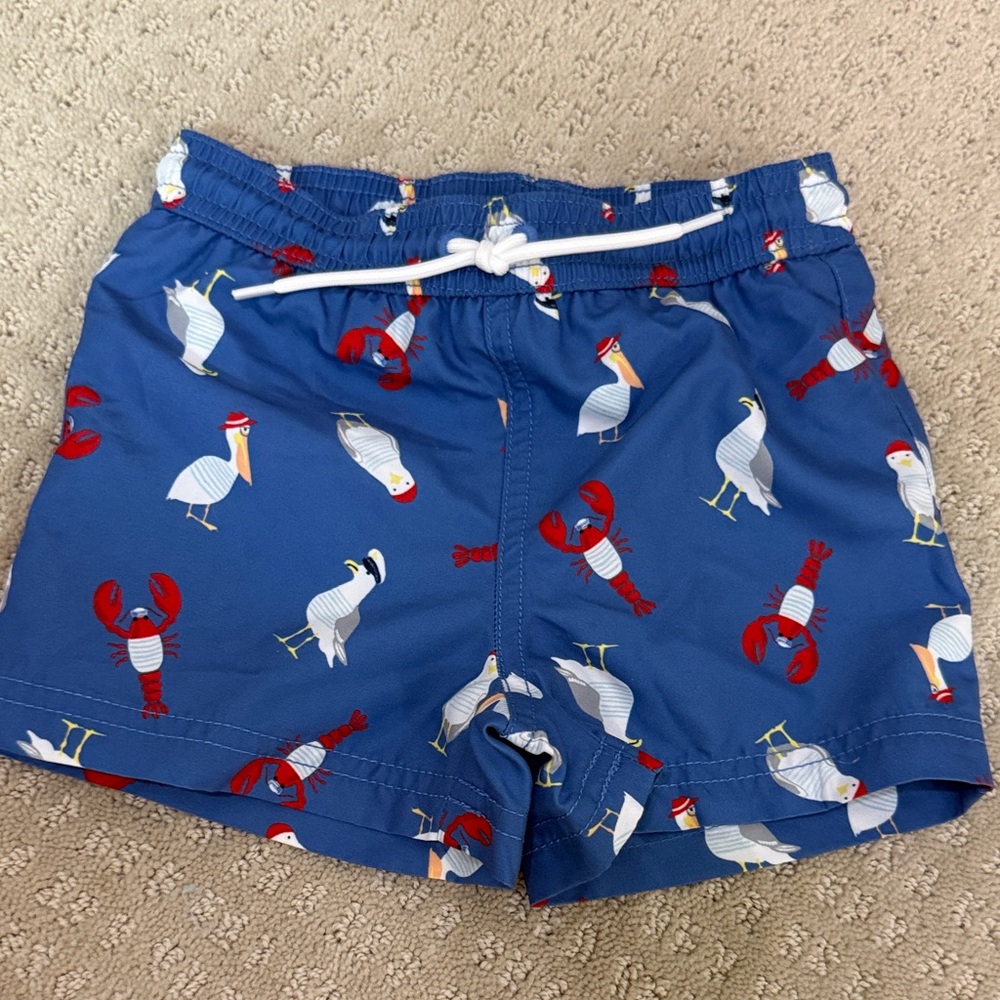 Janie and Jack Blue Swim Shorts with Red Lobster & White Seagull Print